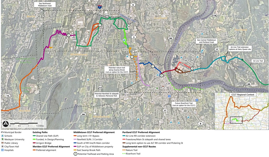 Map of Connecticut showing a proposed path running from Portland to Meriden through Middletown.