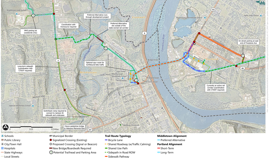 Map of Connecticut showing a proposed path running from Portland to Middletown.