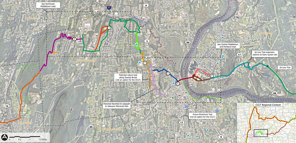 Map of Connecticut showing a proposed path running from Portland to Meriden through Middletown.