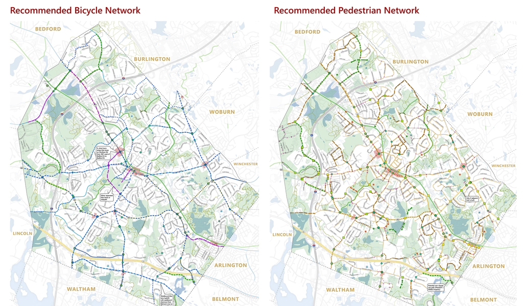 Two maps of the Town of Lexington highlighting the existing bicycle paths and walkways in the Town.