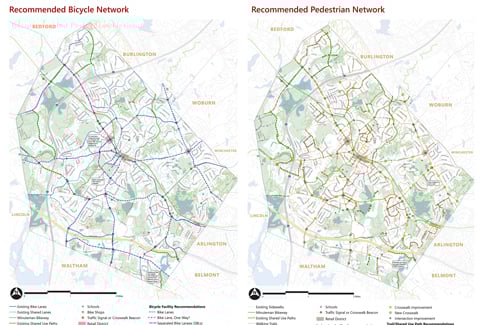 Two maps of the Town of Lexington highlighting the existing bicycle paths and walkways in the Town.