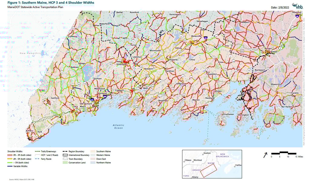 Map of southern Maine highlighting the widths of road shoulders on roadways.