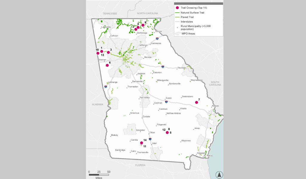 Map of Georgia that highlights top ranked crossings.