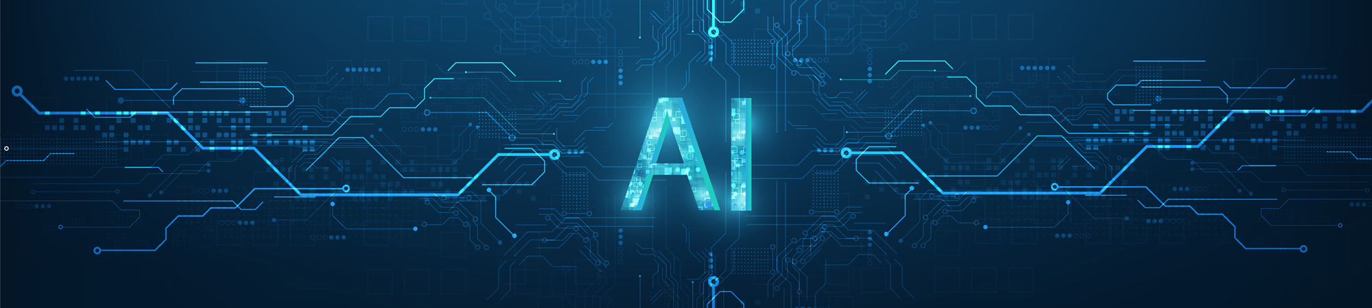 Abstract futuristic digital and technology on dark blue color background. AI wording with the circuit design.