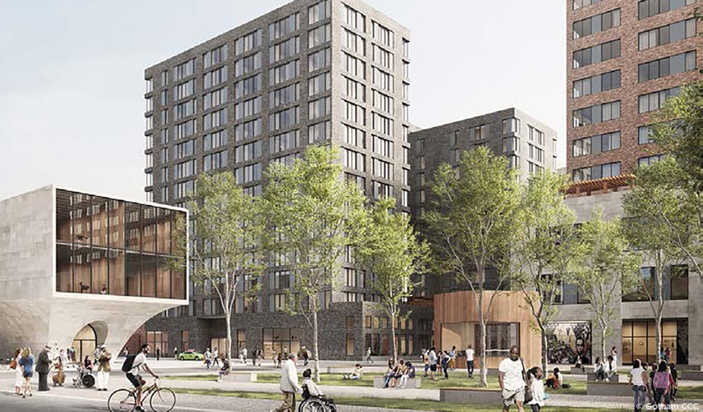 Rendering of city buildings with pedestrians.