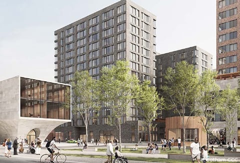 Rendering of city buildings with pedestrians.