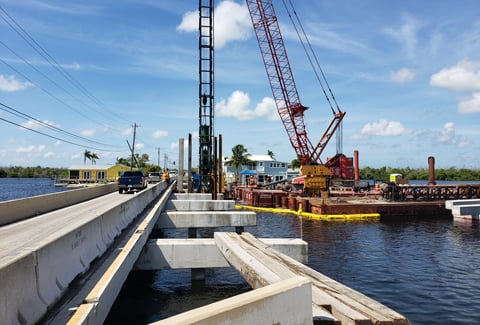 Construction shot of Little Pine Island Bridge on a sunny day with blue sky. 