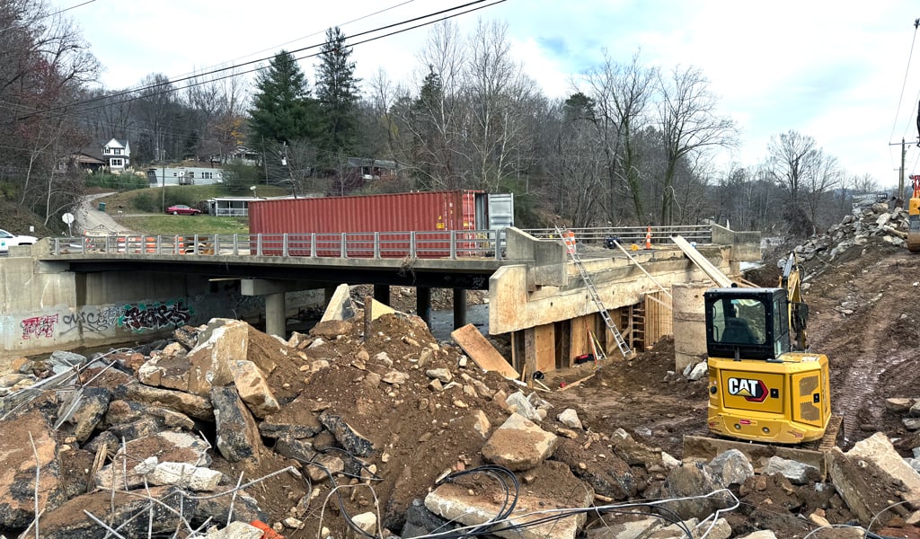 A bridge in Buncombe County, NC being repaired after Hurricane Helene.