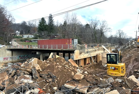 A bridge in Buncombe County, NC being repaired after Hurricane Helene.