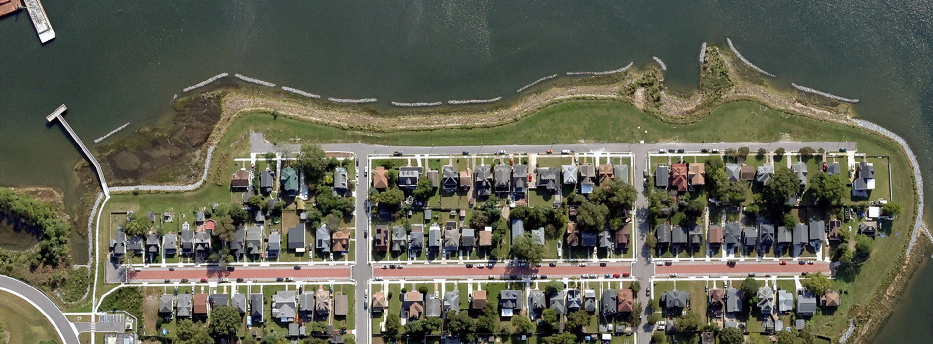 The Chesterfield Heights neighborhood aerial view that shows the new pump stations, living shoreline, and roadways working together. 