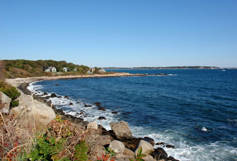 Massachusetts coastline on sunny day. 