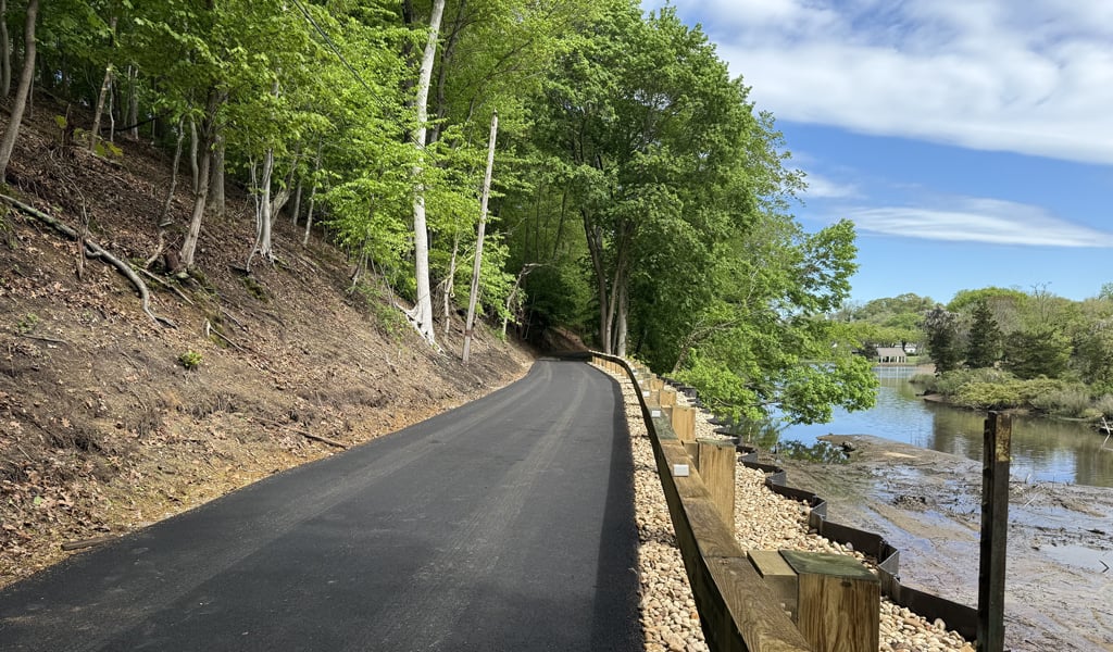 A road with trees along the side of it.