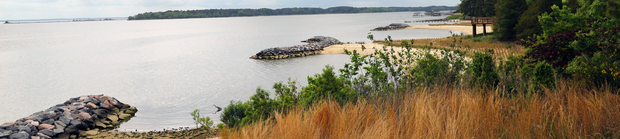 Restored waterfront shoreline along a calm river with rock sill structures, sandy beach, native grasses, and a boardwalk trail under construction beside a wooded shoreline.