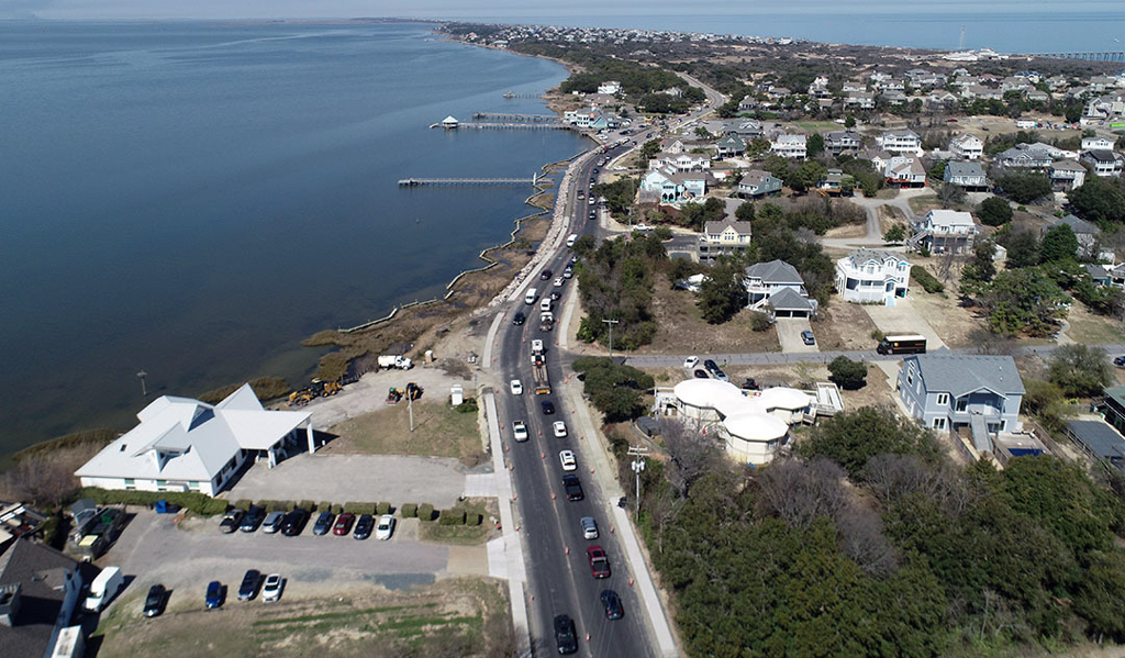 Aerial view of the Town of Duck NC Highway 12 (NC 12) and the living shoreline.