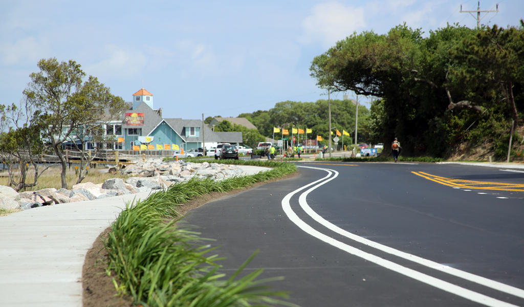 View of the living shoreline restoration, bicycle and pedestrian enhancements, and new section of NC-12.