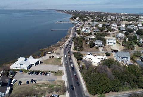 Aerial view of the Town of Duck NC Highway 12 (NC 12) and the living shoreline.