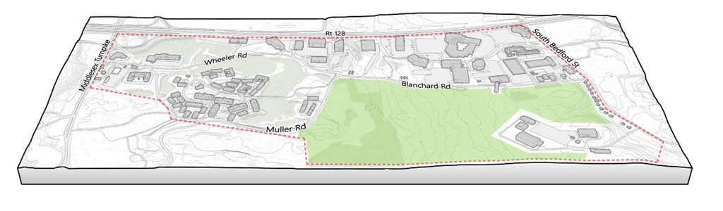 Map view of the Blanchard Wheeler Corridor with red dotted lines depicting roadways and buildings inside representing affiliated developments.