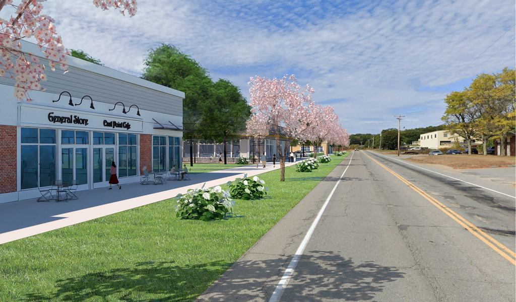 Street view of proposed retail establishments along Crawford Road. 