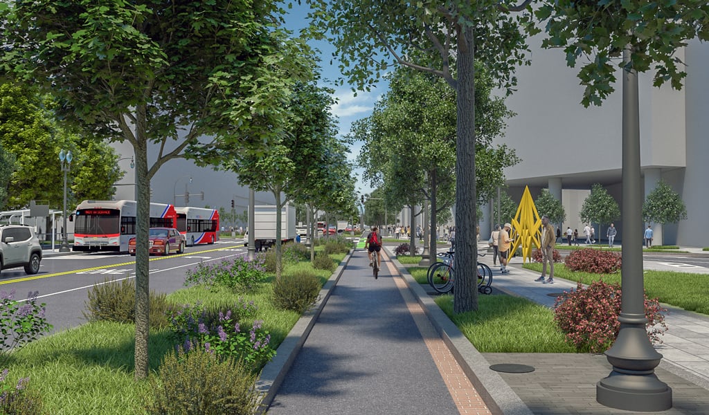 Six-foot-wide protected bike lane and an enhanced tree canopy along Penn Ave West.  