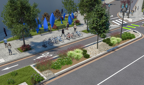 Landscape feature of Penn Ave West Streetscape concept that promotes reduction of water entering the city’s sewer system.