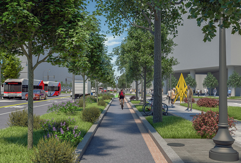 Six-foot-wide protected bike lane and an enhanced tree canopy along Penn Ave West.