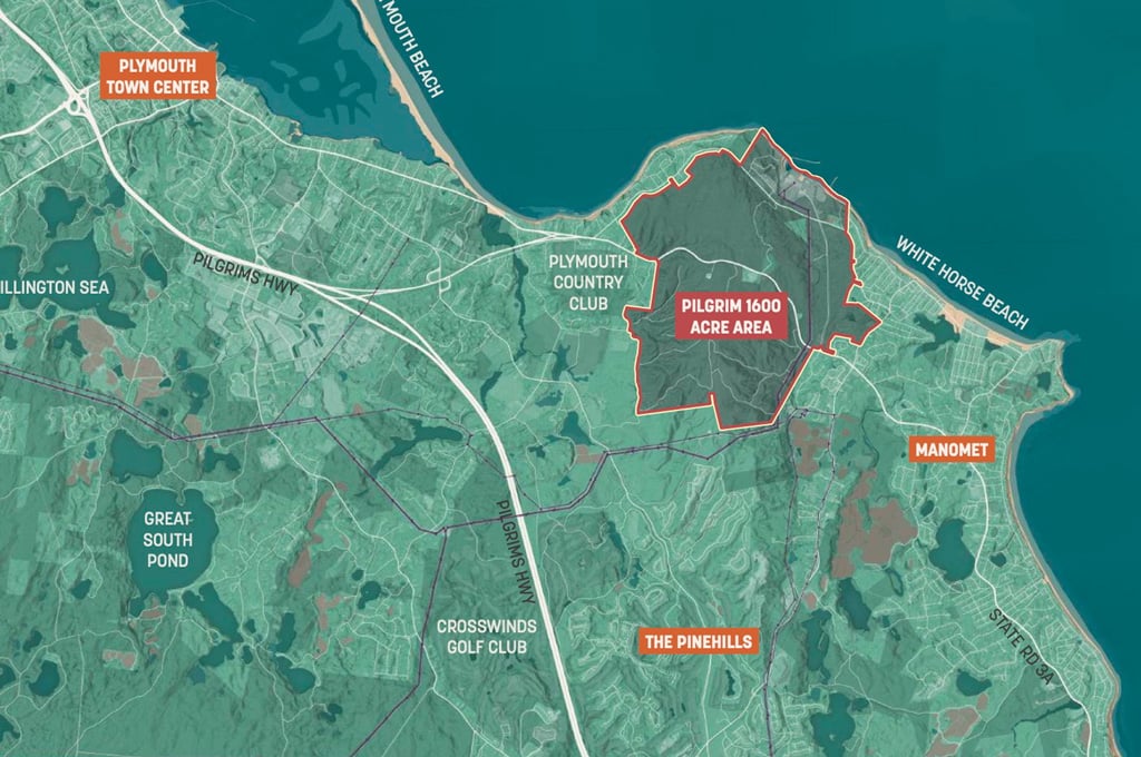A map showing the Pilgrim 1600 Acre Area.