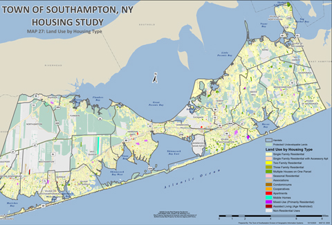 Map of Southampton, NY that shows Land Use by Housing Type.