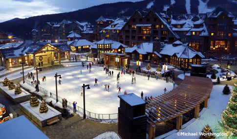 The ice rink is at the center of the Village. 