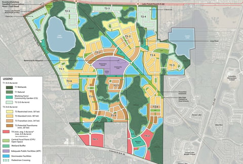 The Grow site map including a 9-acre working farm and 21-acres of community gardens.  