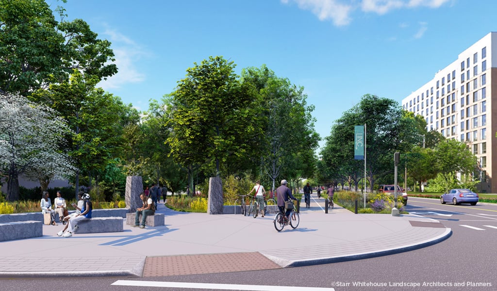 Rendering of a vibrant urban park scene with people sitting on stone benches or walking and cycling along a tree-lined path.