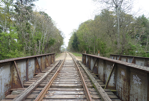 Railroad tracks on a rusted metal bridge lead off into the trees.