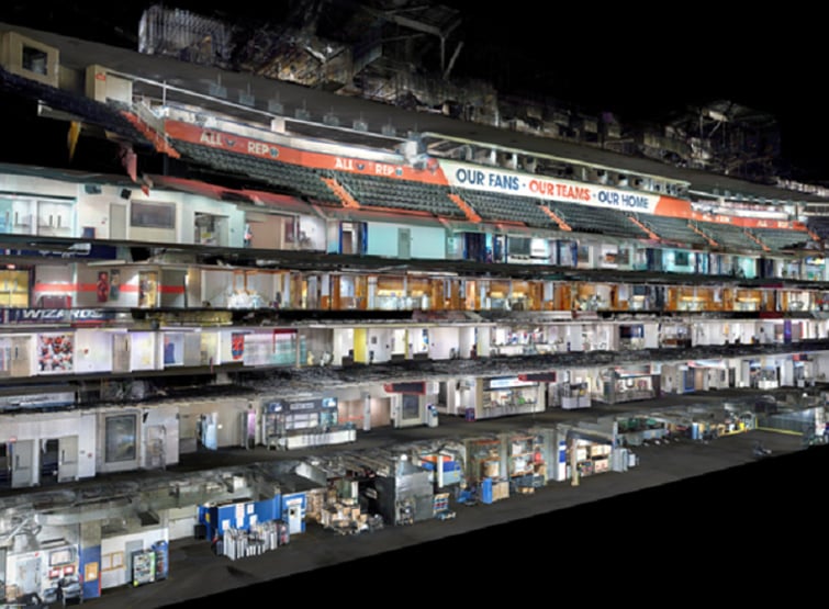 Reality capture scan of arena and various floor layouts.