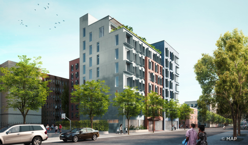 Render of an 8-story building against a clear blue sky showing the rooftop garden.