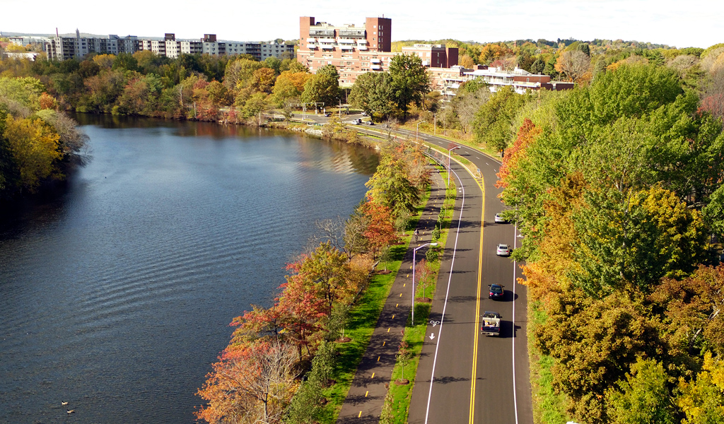Bird’s eye view of the completed Greenough Boulevard Greenway Expansion along the Charles River