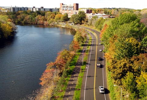Bird’s eye view of the completed Greenough Boulevard Greenway Expansion along the Charles River
