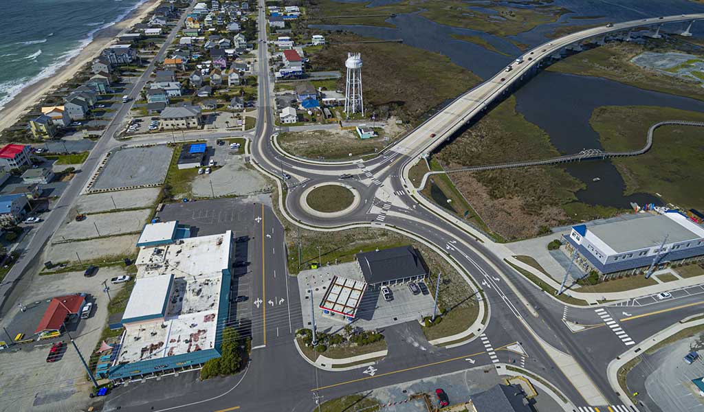 Traffic roundabout and High Rise Bridge in Surf City, NC