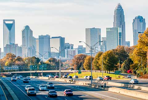 Traffic on U.S. Route 74 heading toward downtown Charlotte, NC