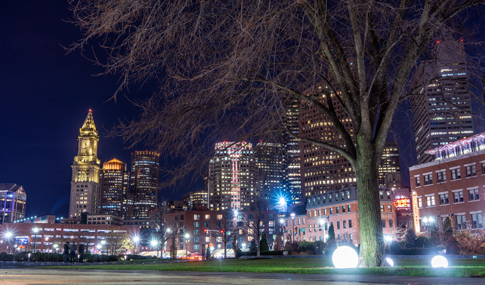 Night view of the Rose Kennedy Greenway in Boston. 
