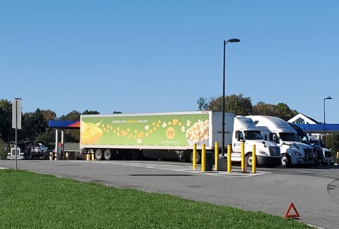 Commercial trucks parked at a roadside fuel station beside green grass and trees under a blue sky.