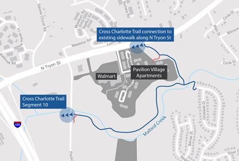 Aerial map that outlines the Cross Charlotte Trail Section 11 that begins at Pavilion Boulevard and maneuvers along Mallard Creek. 
