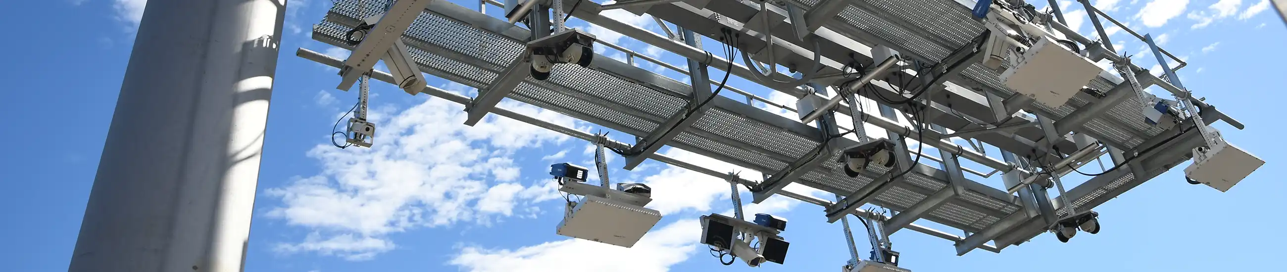 A close-up view of a toll gantry along I-66 in Virginia.