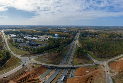 Aerial view of the North Old Carriage Road/Eastern Avenue/Sunset Avenue Widening actively under construction.