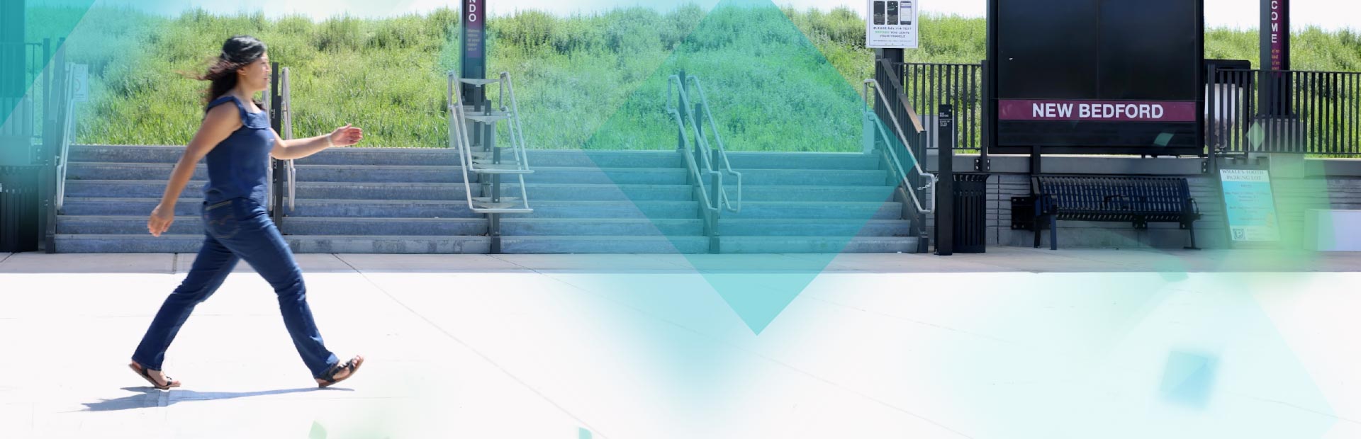 An individual walking outside with festiver shapes overlayed. 