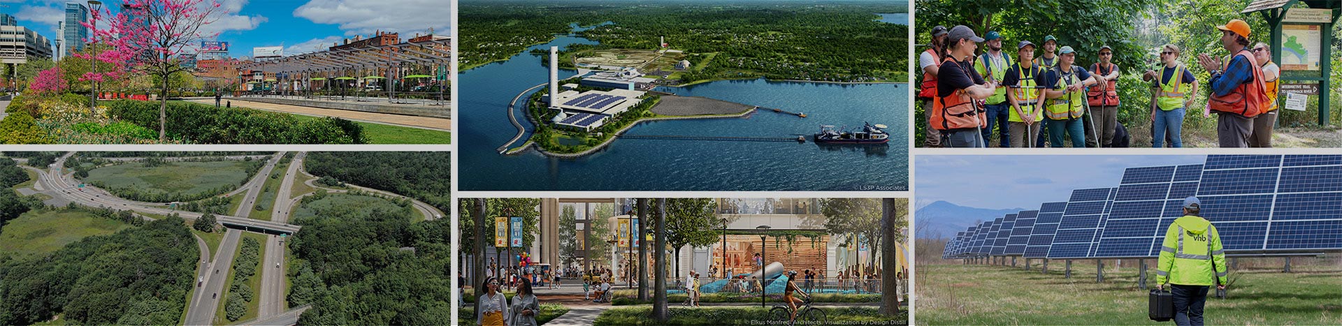 A photo collage of representative projects, including energy, transportation, environmental, sustainability and real estate.