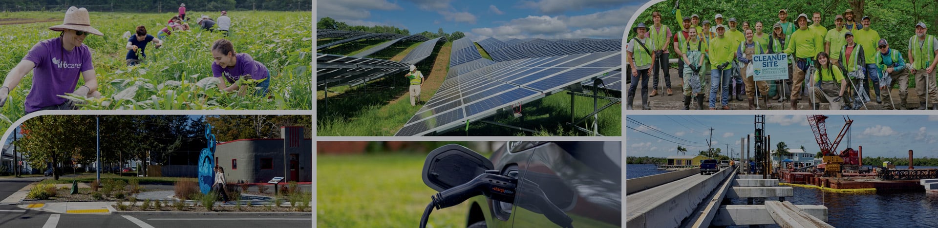 Collage showing community volunteers harvesting crops, solar panels, a river cleanup group, a revitalized streetscape with public art, an electric vehicle charging, and bridge construction over water.