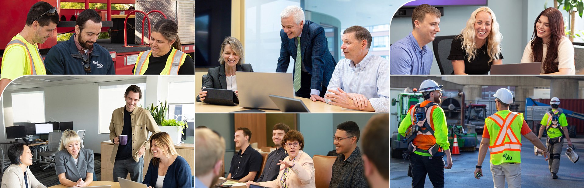 Collage of VHBers smiling and collaborating in the office.