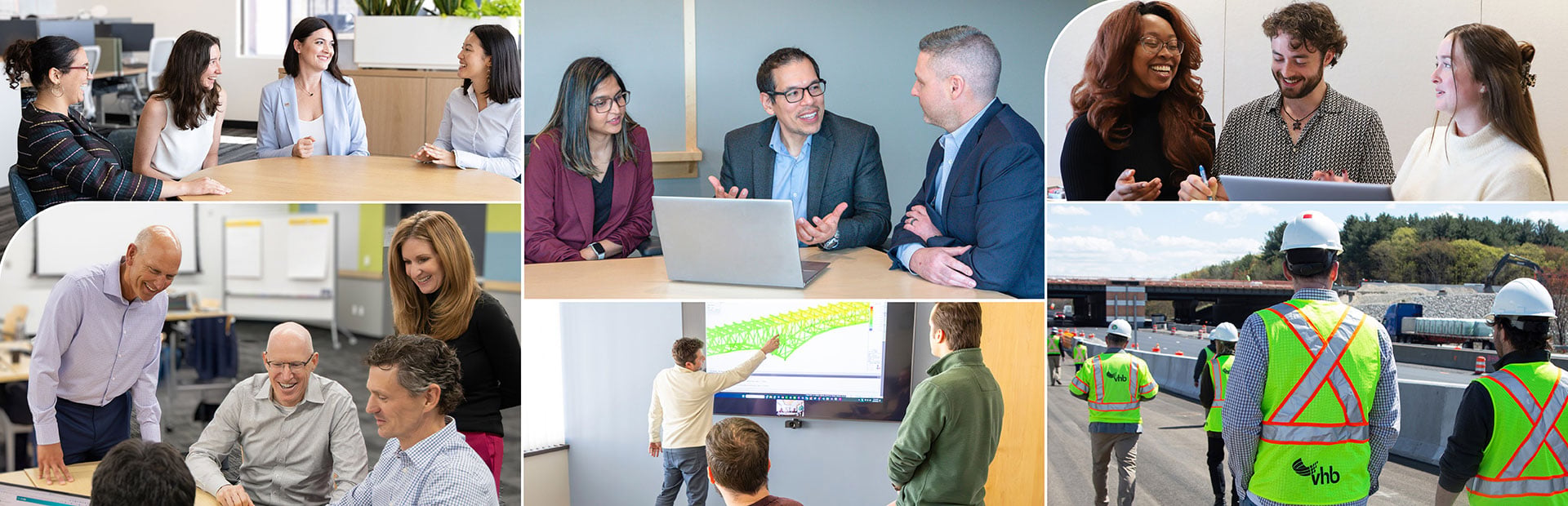 Collage of VHBers smiling and collaborating in the office.
