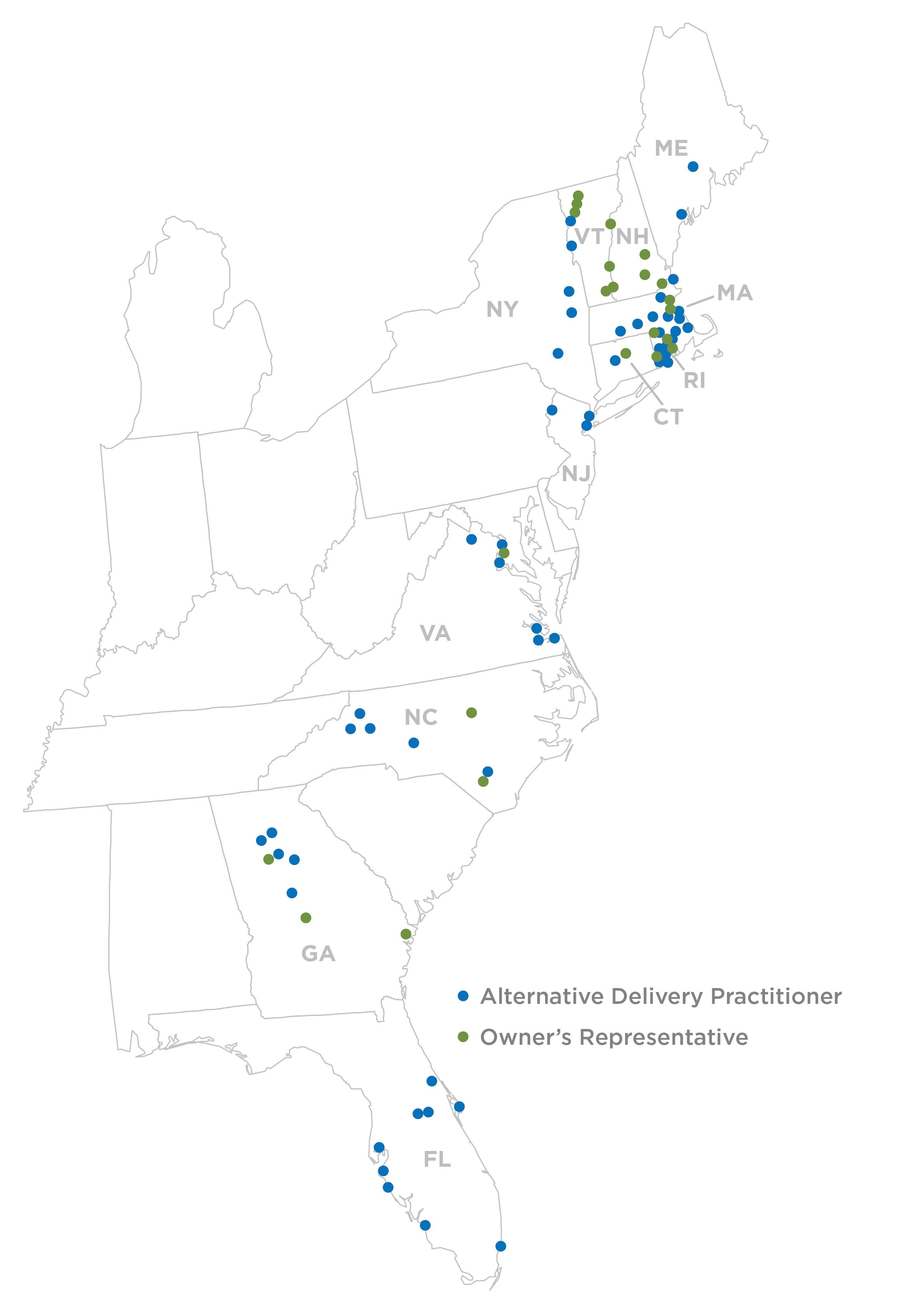 Map of East coast showing VHB extensive Design-Build experience