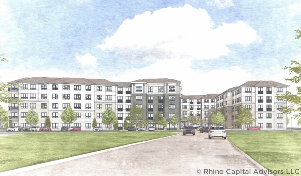 Rendering of a modern five-story apartment complex with parked cars and a cloudy sky.