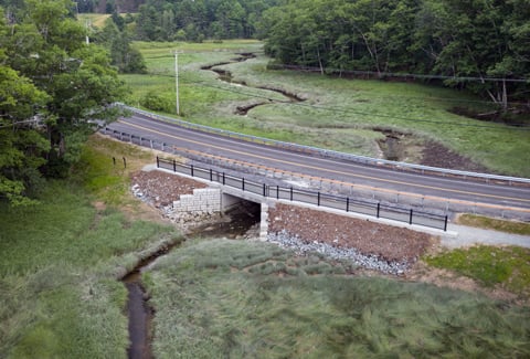 A small bridge spans a narrow stream flowing through a grassy landscape with scattered trees.